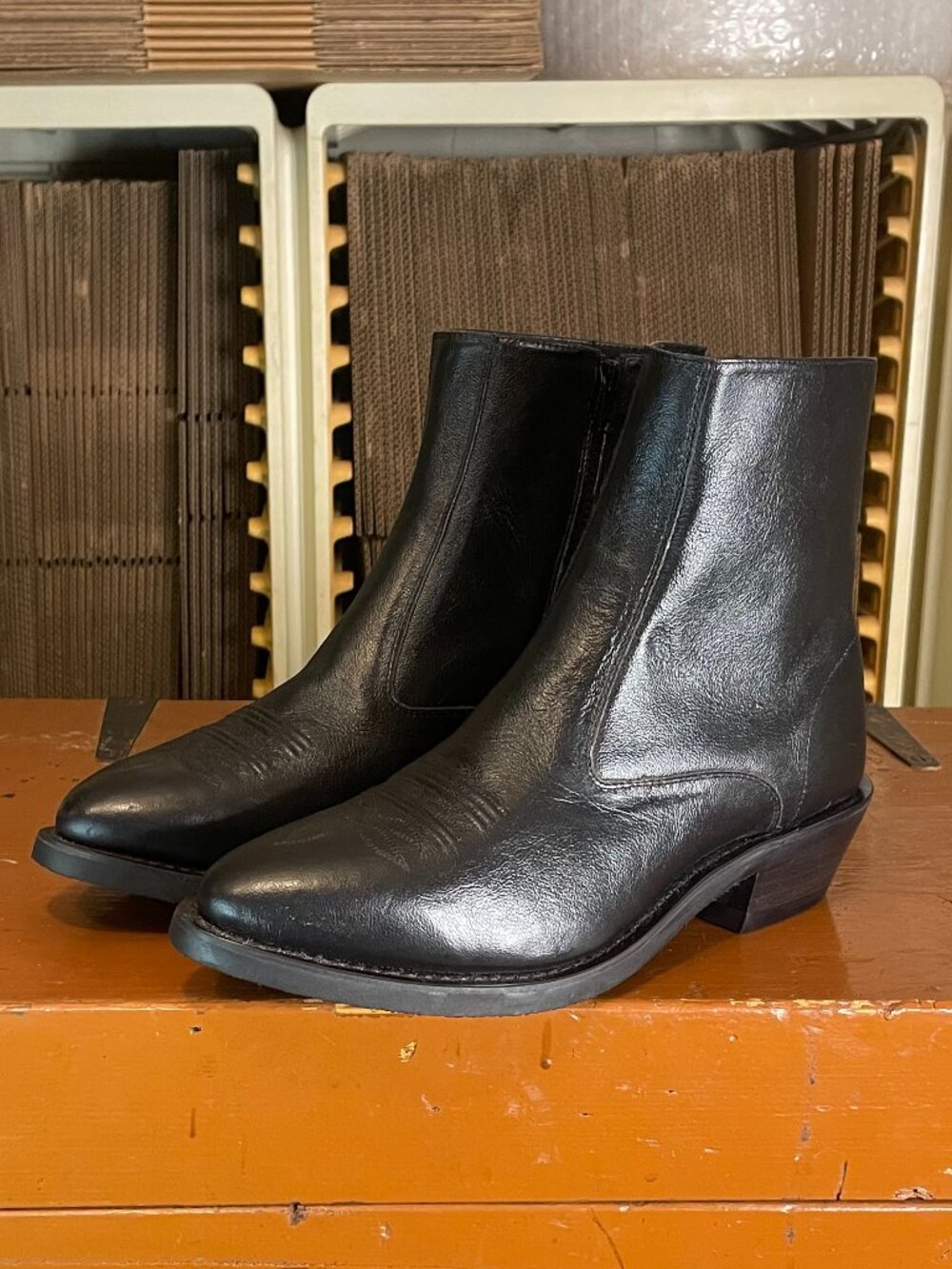 OLD WEST Men's 9.5 EE Black Leather Western Ankle Side Zip Riding Trucker Boots